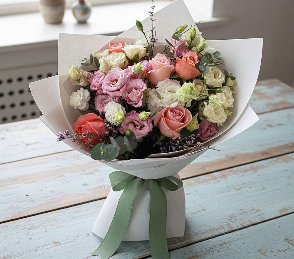 Букет цветов из: Розы, Лизиантусы и Гвоздики в Абадзехской