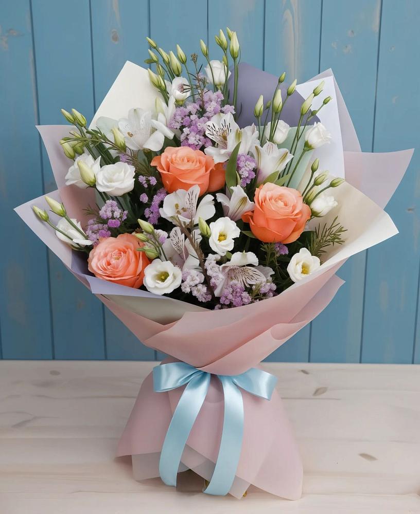 Букет цветов из: Лизиантусы, Розы, Альстромерии и Гипсофила в Абадзехской