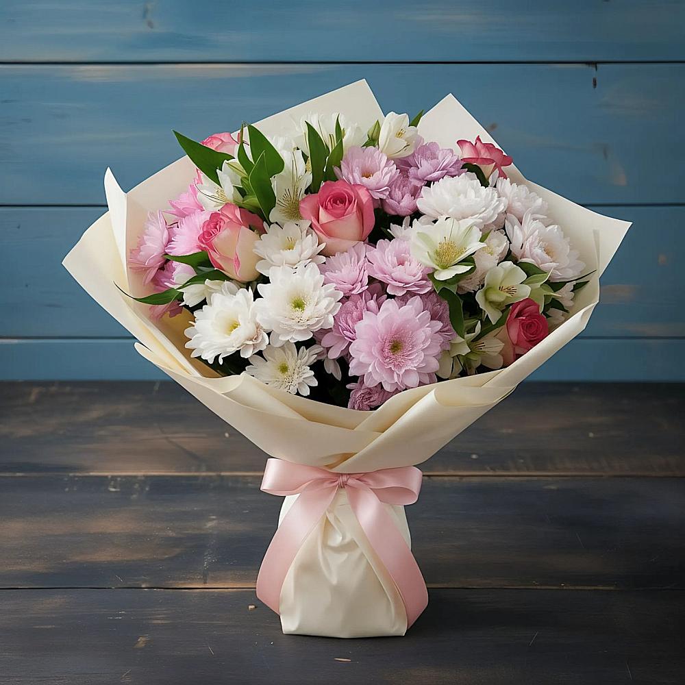 Букет цветов из: Хризантемы, Альстромерии и Розы в Абадзехской